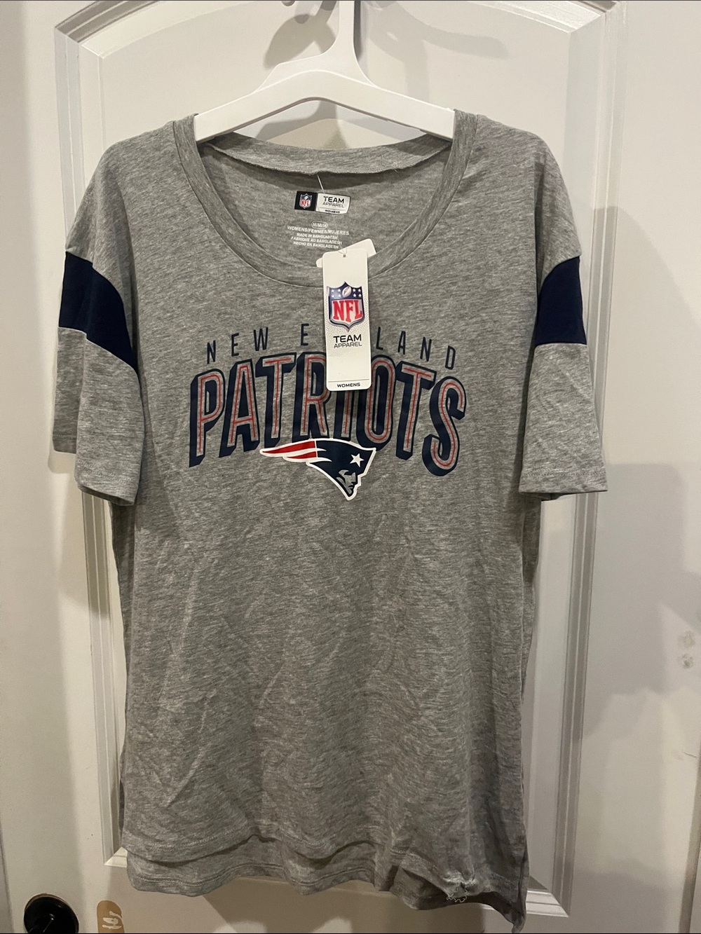 NFL New England Patriots Gray Tee with Navy Sleeve Stripes